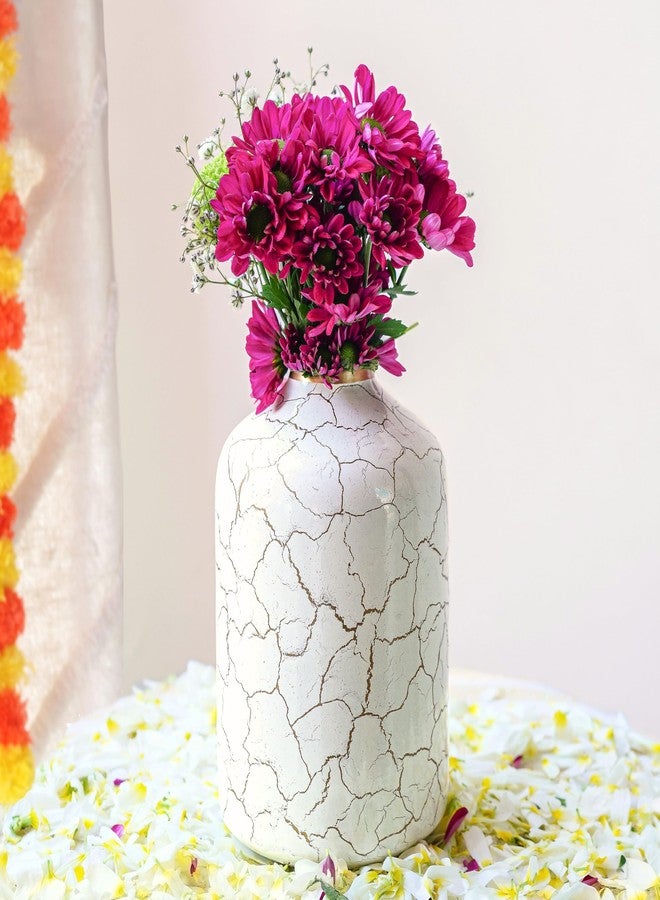 Behoma Metal Flower Vase for Home Decor Bedroom Living Room Office Wedding | Table Decorative Item for Festivals Birthday Off-White Crackled 1Pcs(10.5 X 15.7 Cm) (Flower Not Included, Modern) - Image 1